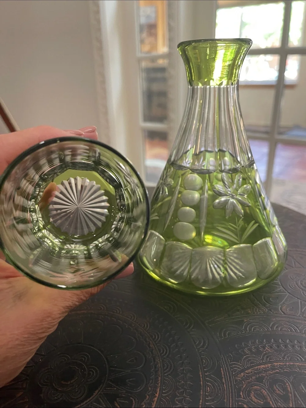 Antique Green Tumble Up Uranium Glass Decanter